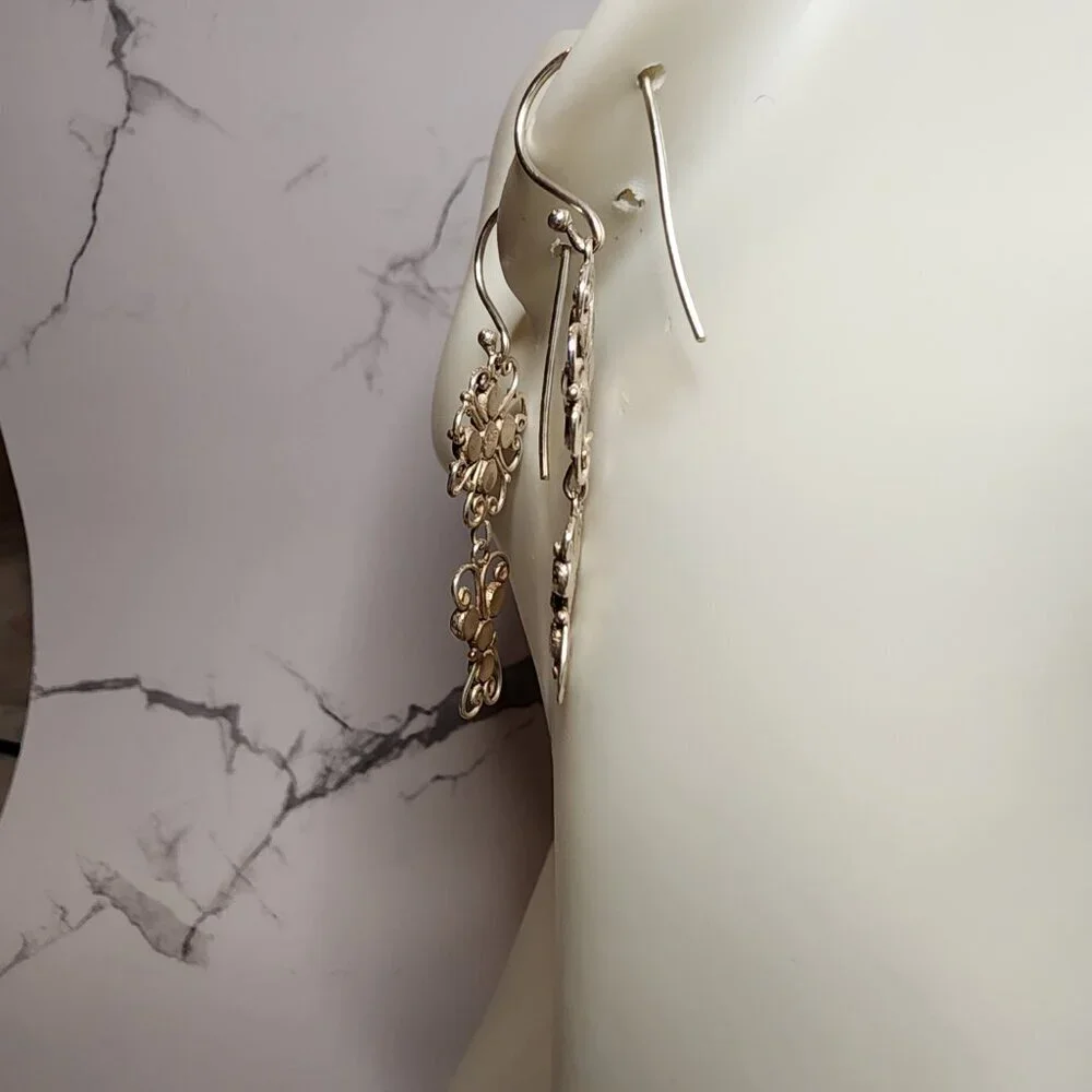 925 Silver Filigree Floral Motif Dangle Earrings